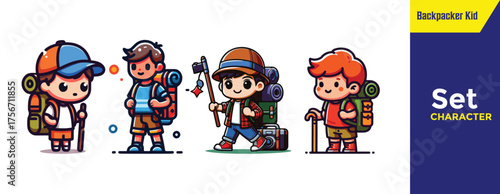 adorable backpacker kids charting new paths, embracing outdoor exploration joy, isolated on transparent background