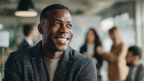 Confidence in Corporate: A beaming black man with a genuine smile radiates confidence in a contemporary office setting, representing professional success and workplace positivity.