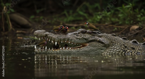 Crocodile with Birds Resting on Its Head and Open Mouth in Natural Water Environment