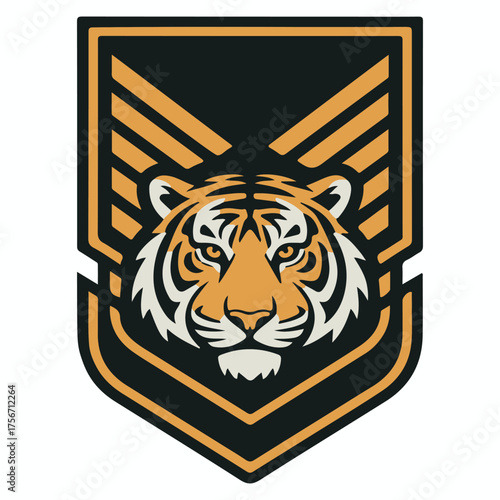 Fierce tiger head emblem with military rank chevrons on a shield background