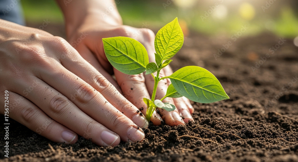 Fototapeta premium Hands of a person pressing a young plant into fertile earth, bright daylight illuminating the green leaves