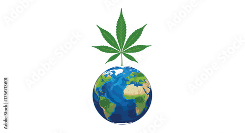 A green cannabis leaf grows from the planet earth.