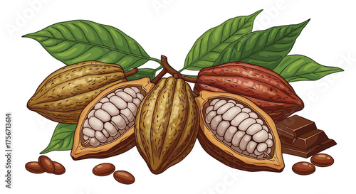 Delicious cocoa pods with beans and chocolate bars.