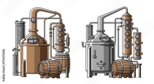 Illustrations of distillation equipment and barrels for spirits production.