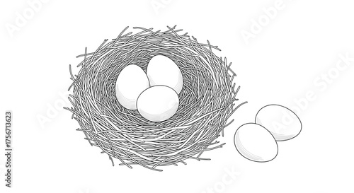 A bird nest containing three eggs rests on a soft bed of straw and twigs.