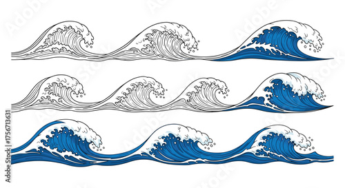 Illustrations of blue ocean waves with white sea foam crests.
