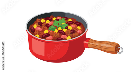 Hearty beef and bean chili in a red pot with a wooden handle.