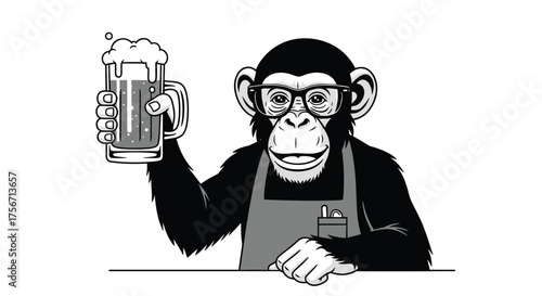 A chimpanzee wearing glasses and an apron holds up a glass of beer.