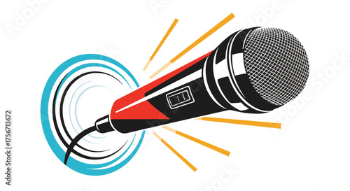 A dynamic microphone with a red body and speaker producing sound waves. 