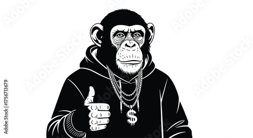 Stylish ape wearing a hoodie and gold chains gives a thumbs up.