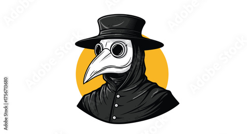 A portrait of a historical plague doctor in a black coat and hat.