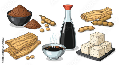 A collection of soy products and their raw ingredient.