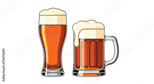 Two glasses of refreshing amber ale beer with foam.