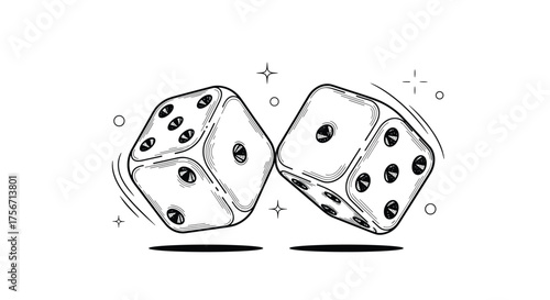 Two white dice tumbling in the air with spots showing.