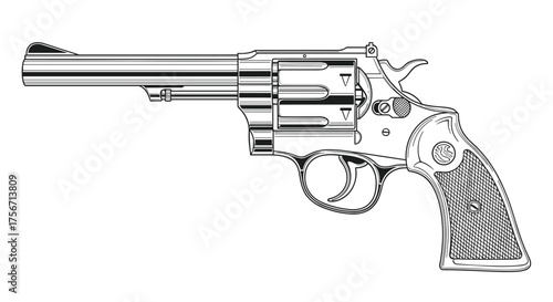 Detailed line drawing of a classic double-action revolver with a long barrel.