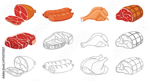 Various cuts of meat and poultry illustrated in a pixel art style.