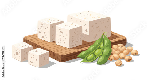 Fresh tofu cubes with soybeans and pods on a wooden board.