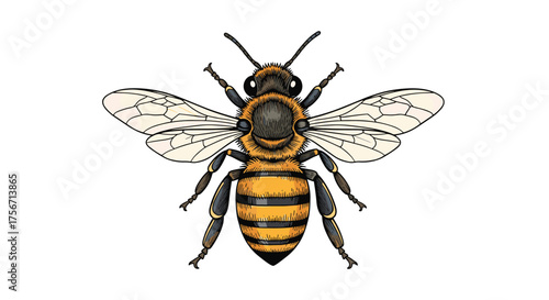 A detailed illustration of a fuzzy bee with intricate wings and segmented body.