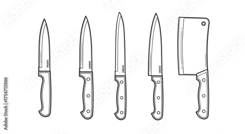 A collection of kitchen knives and a cleaver are lined up.