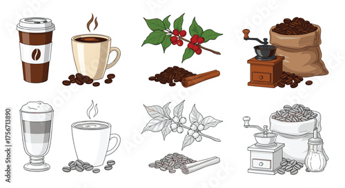 A collection of delightful coffee related illustrations and elements.