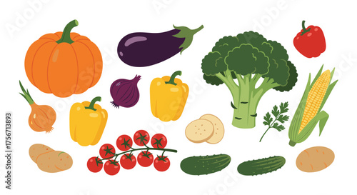 A colorful assortment of fresh vegetables including pumpkin bell peppers eggplant broccoli and corn.