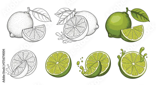 A collection of vibrant green citrus fruits sliced and whole.