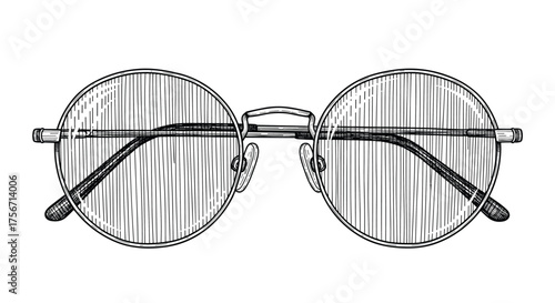 A hand-drawn sketch of round metal-rimmed eyeglasses.