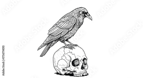 A crow perched on a human skull on a white background.