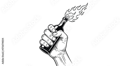 A hand holding a Molotov cocktail with flames coming out of the top.