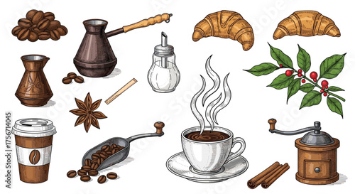 A collection of coffee related items and pastries