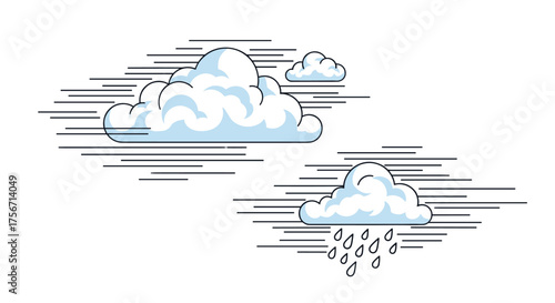 Two clouds moving across a windy sky with rain falling from one.