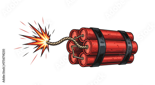 A bundle of dynamite sticks with a burning fuse.