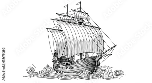 This is a drawing of a majestic tall ship sailing through rough seas.
