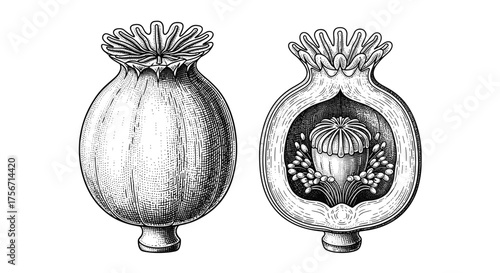 Illustration of a poppy seed pod showing its internal structure.