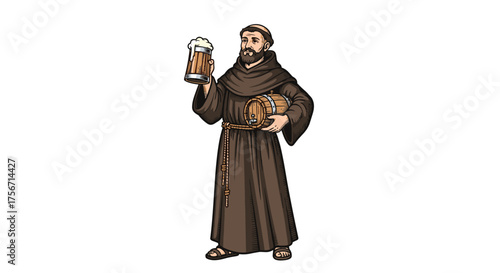 A monk in traditional robes holds a frothy mug of beer and a loaf of bread.