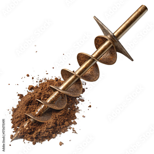 Durable metal earth auger drill bit effortlessly bores into rich brown soil, perfect for gardening, construction, and environmental projects needing precision