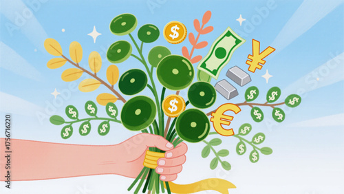 Vector illustration of an abstract nature design featuring a green tree and rainbow with floral spring patterns and leaf icons to symbolise an eco environment concept