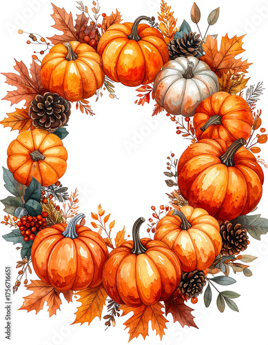 Orange Pumpkin Wreath – Watercolor Clipart