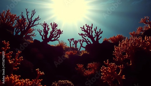Intricate silhouettes of diverse coral species against a bright backdrop,  marine,  underwater world