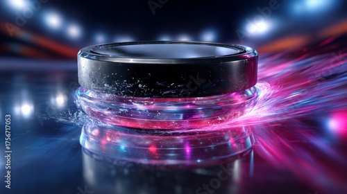Design of a modern puck on a glossy surface with colorful lights in the background