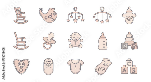 Baby icons set rocking chair mobile baby bottle toys pacifier and clothes flat design elements perfect for illustrating nursery decor parenting