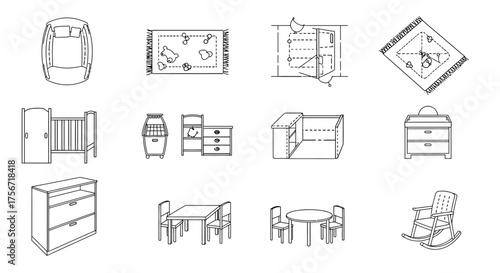 baby room furniture outline style icons showing cribs changing table wardrobe carpets table with chairs and rocking chair for room planning