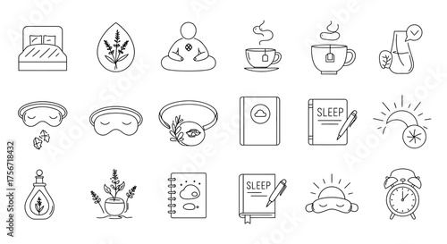 bedtime routine icons for promoting sleep including aromatherapy meditation and sleep diary perfect for illustrating healthy lifestyle tips