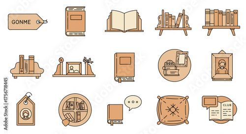 book club icons depicting reading books bookshelves and portraits a vector illustration for educational blog headers and literary themes