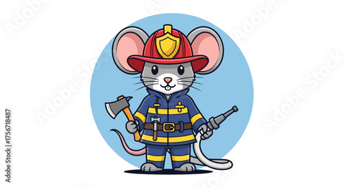 brave mouse firefighter holding an axe and water hose ready for duty against a light blue backdrop ideal for childrens book illustrations