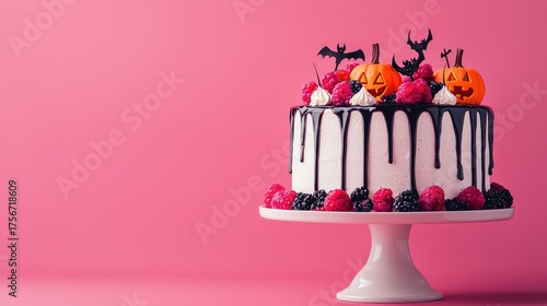 A Halloween-themed cake with black and white frosting, decorated with pumpkins, bats, and berries on a pink background.