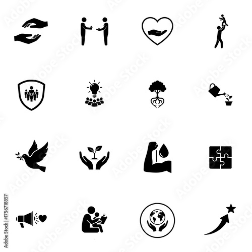 Corporate Social Responsibility (CSR) and Humanitarian Icons Set. Charity, Volunteering, Community, and Ethical Business Concepts.