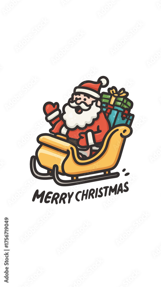 Obraz premium Cheerful cartoon illustration of Santa Claus in his sleigh, waving with bag of gifts, and text Merry Christmas below