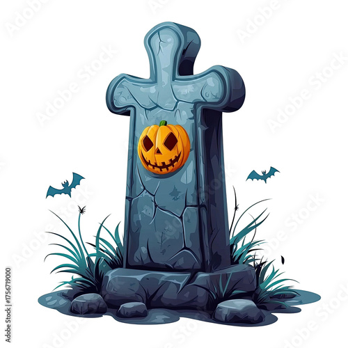 A spooky Halloween tombstone with a pumpkin face and bats flying around.
