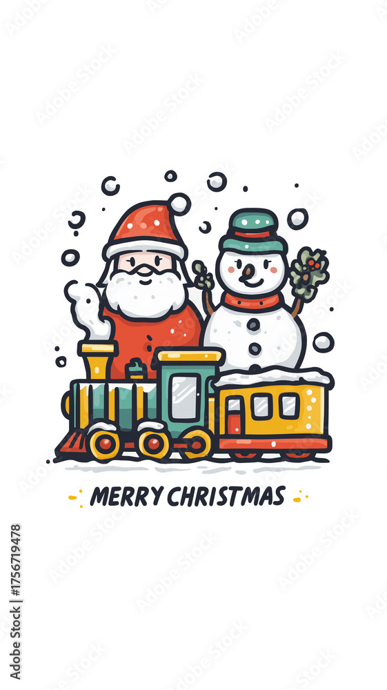 Fototapeta premium Festive illustration featuring Santa Claus and snowman standing beside colorful toy train, with snowflakes falling around them and words Merry Christmas below